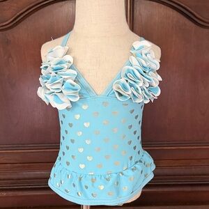 Floatimini Gold Heart Swimsuit 2T Blue Ruffle One Piece Toddler Girl